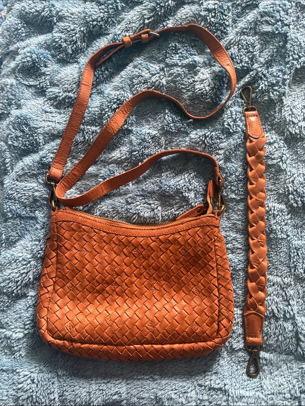 Genuine Woven Leather Crossbody Bag in Cognac Brown with extra shoulder strap.